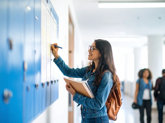 A-student-reviewing-a-list-hanging-on-a-wall-at-a-university
