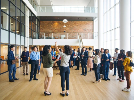 College students at a mixer in a large open space.