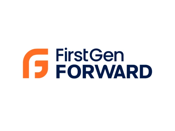 FirstGen Forward logo and word mark with the words FirstGen Forward in navy to the right of a logo that forms an uppercase G in orange with a lowercase f inside using the negative space.