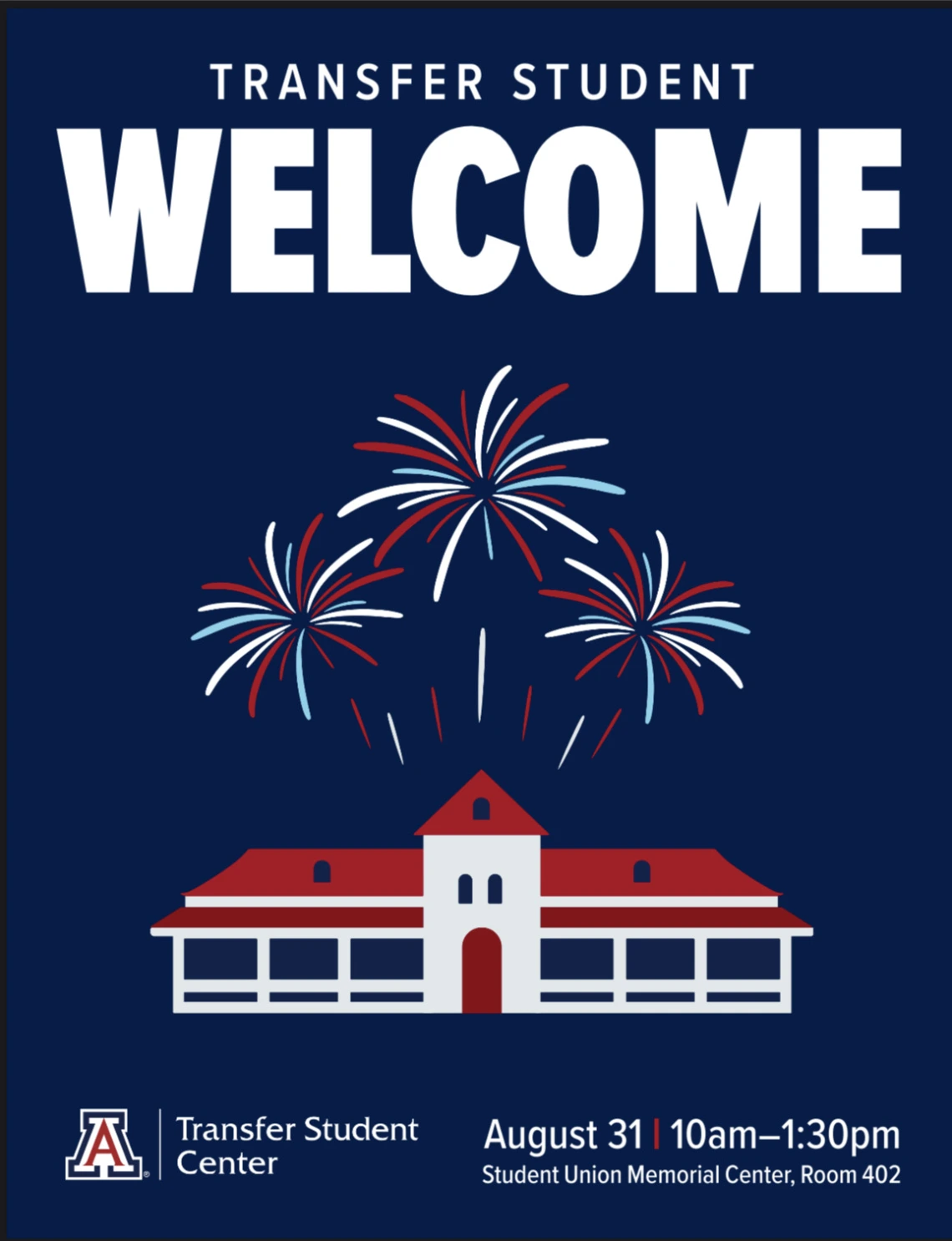 Old Main with fireworks above it. Title is Transfer Student Welcome