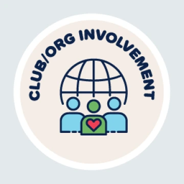 beige circle on silver background with "Club/Org Involvement" in navy near top and clip art of a globe and people in front of it with a depiction of a heart.